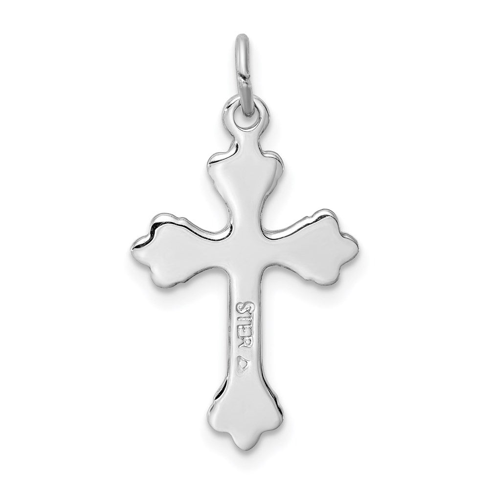 Sterling Silver Rhodium-plated Blue Enameled Budded Cross Charm