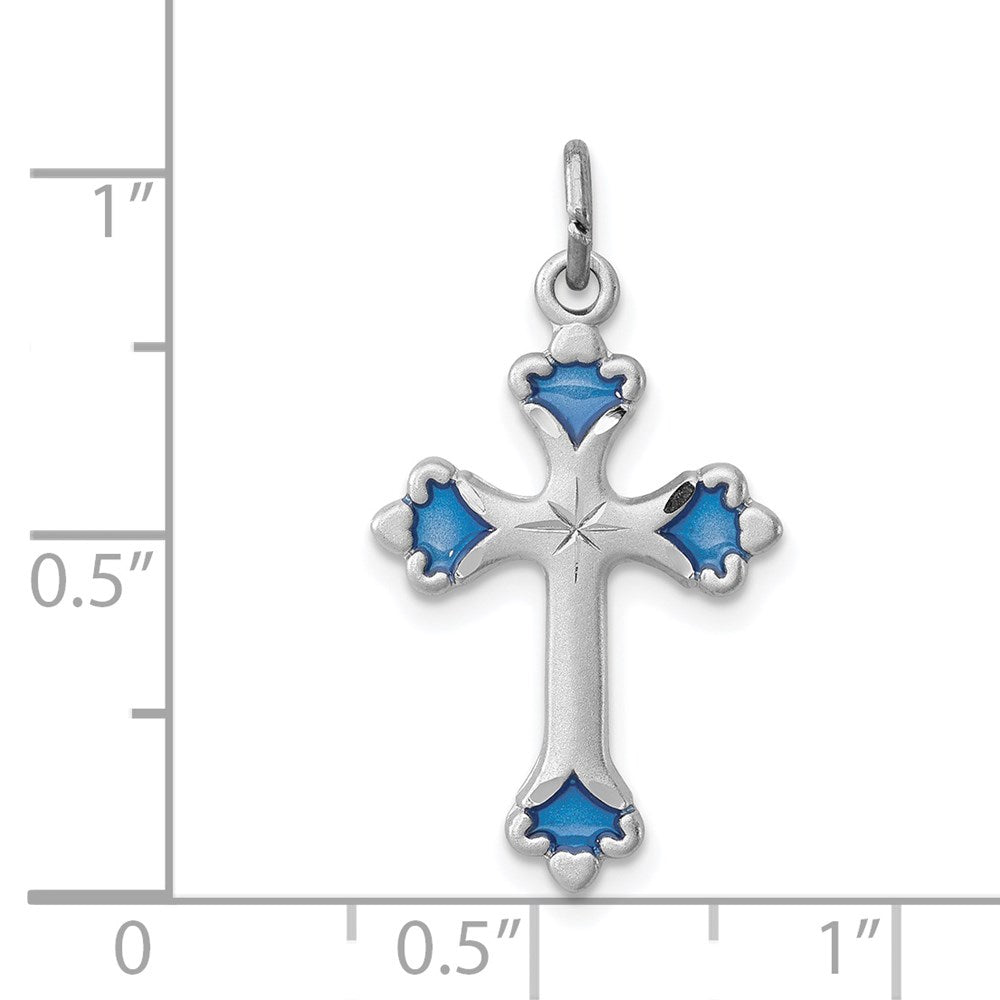 Sterling Silver Rhodium-plated Blue Enameled Budded Cross Charm