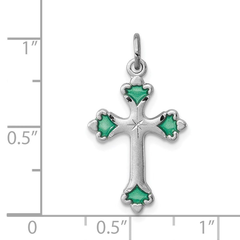 Sterling Silver Rhodium-plated Green Enameled Budded Cross Charm