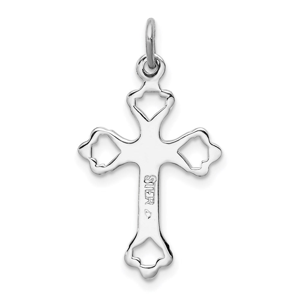 Sterling Silver Rhodium-plated Budded Cross w/CZ Charm