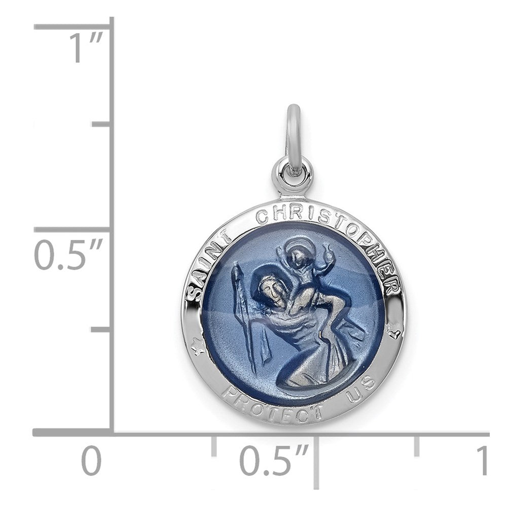 Sterling Silver Rhodium-plated Blue Epoxy St. Christopher Medal