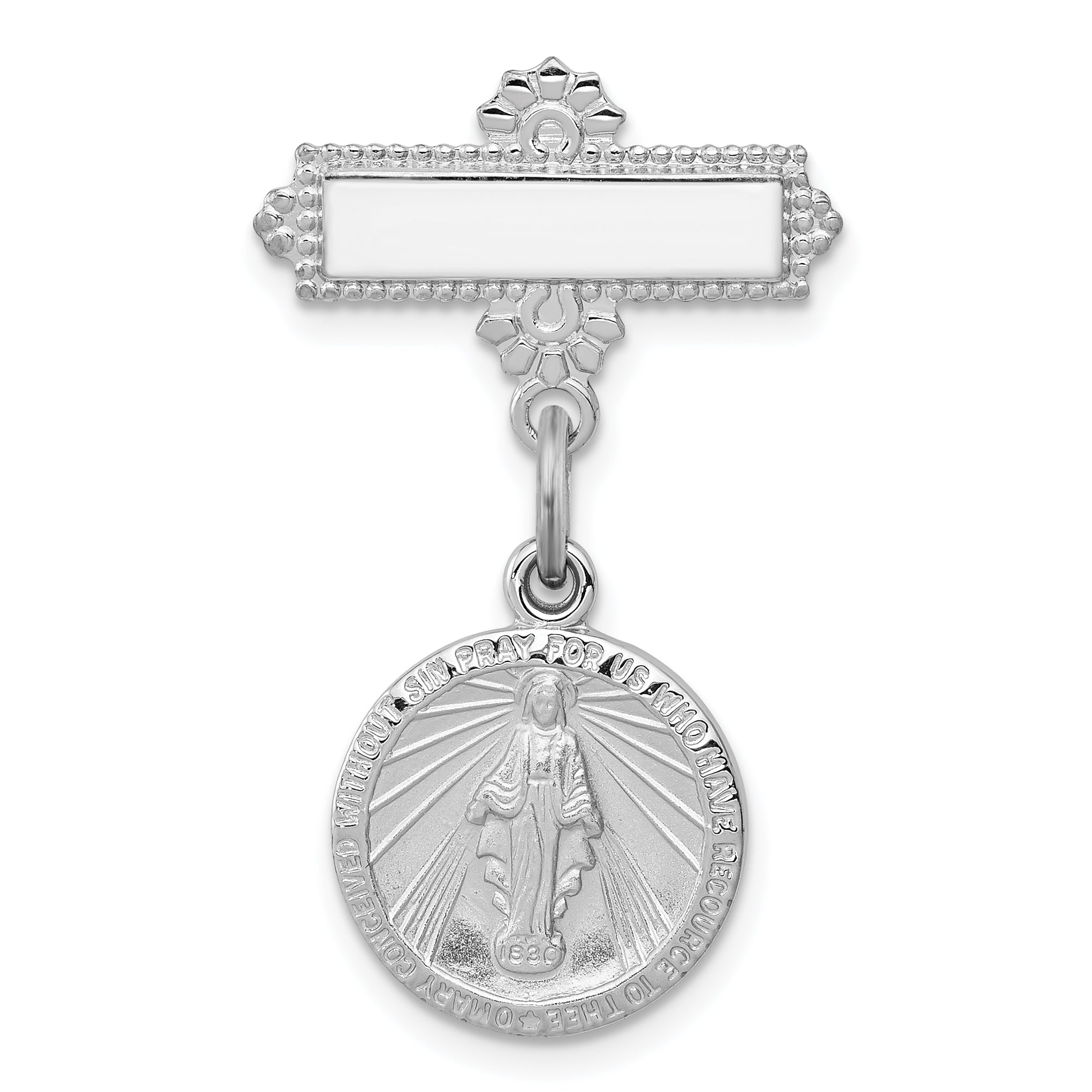 Sterling Silver Platinum-plated Miraculous Medal Dangle Pin Brooch