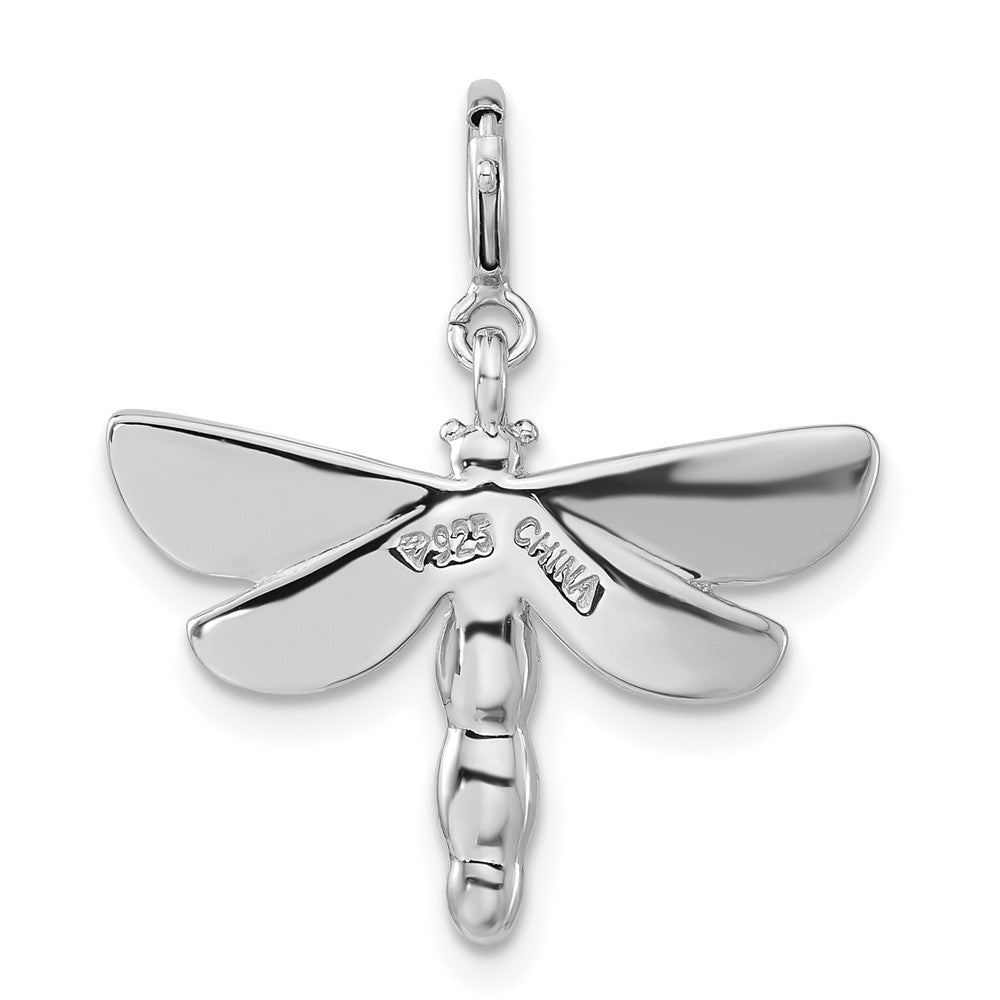 Sterling Silver Rhodium-plated Polished Green CZ & Enameled Dragonfly w/ Spring Ring Clasp Charm