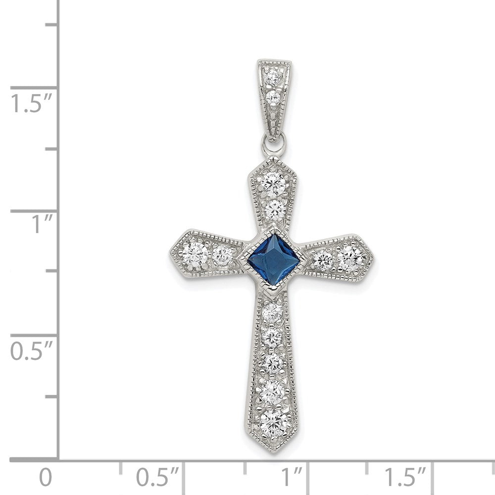 Sterling Silver Rhodium-plated Blue CZ Center & CZ Passion Cross Pendant