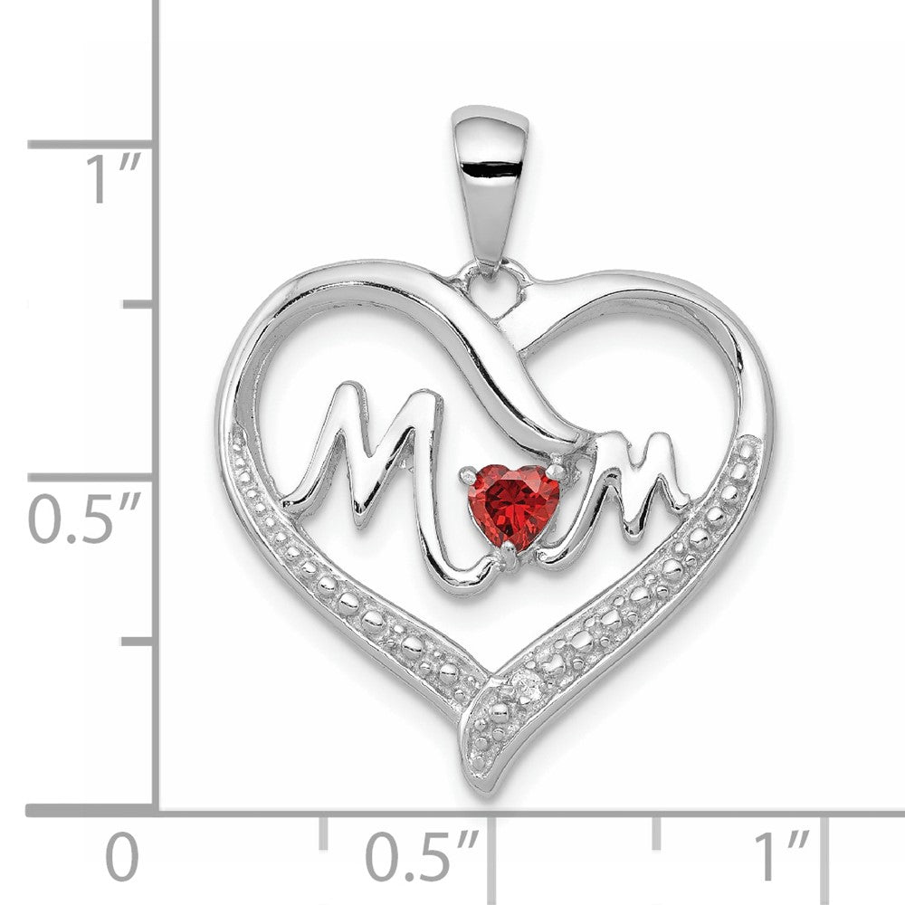 Sterling Silver Rhodium-Plated Red CZ Heart & White CZ Mom Heart Pendant
