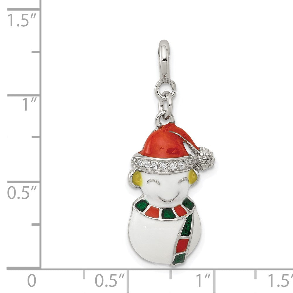 Sterling Silver Rhodium-plated CZ Enameled Snowman Charm