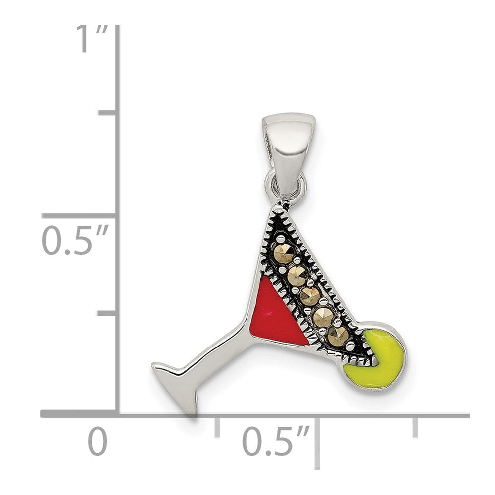 Sterling Silver Rhodium-plated and Hematite-plated Marcasite Red and Green Enameled Martini Pendant