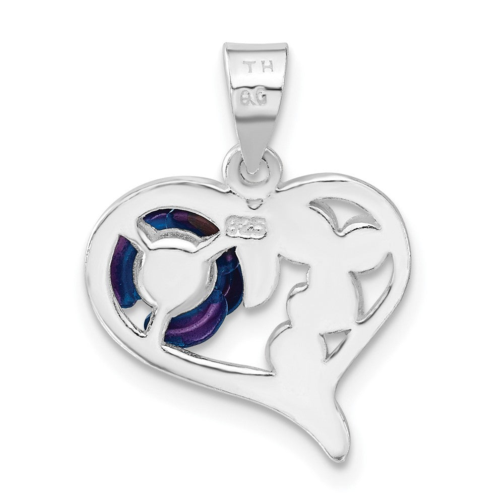 Sterling Silver Polished Enameled & Blue CZ Rose Heart Pendant