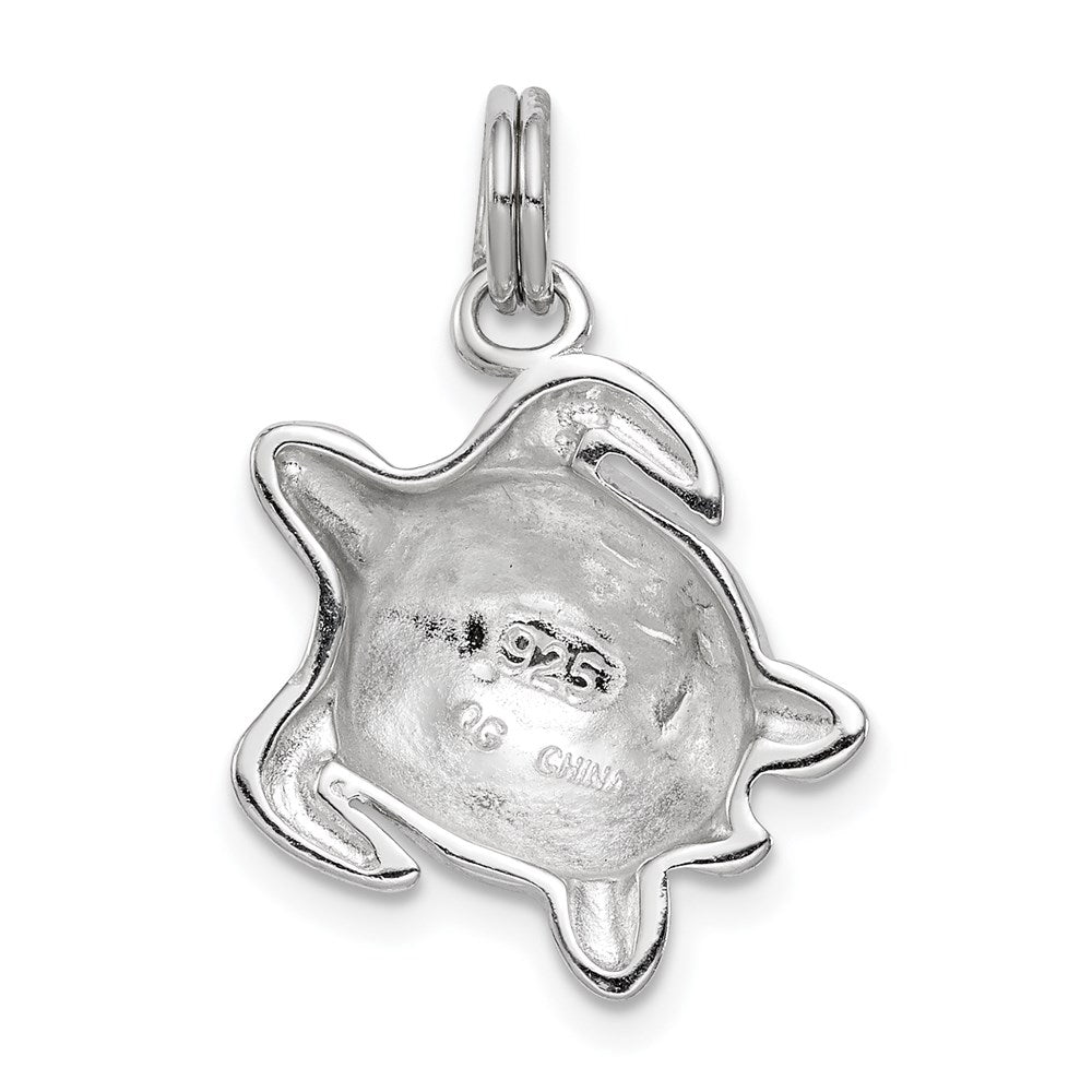 Sterling Silver Rhodium-plated Green Enamel Polished Turtle Charm