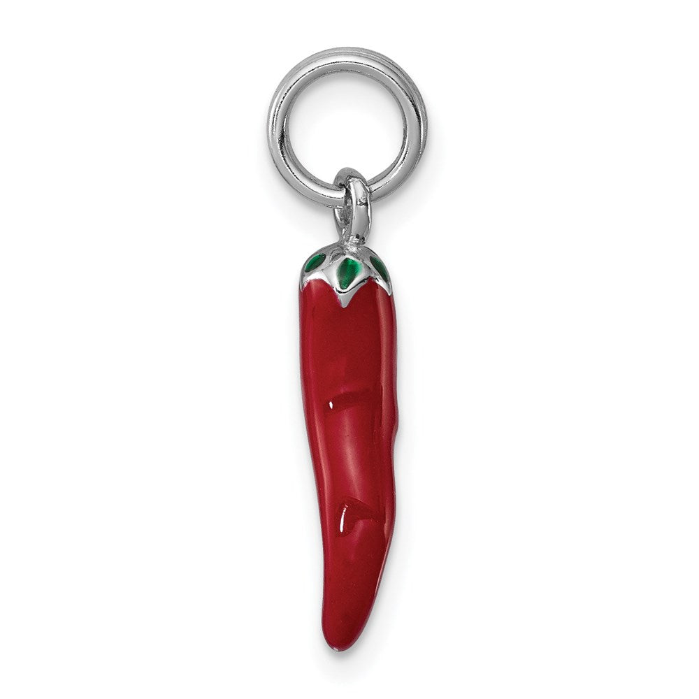 Sterling Silver Rhodium Plated Red Enamel with Green Enamel Accent Pepper Charm