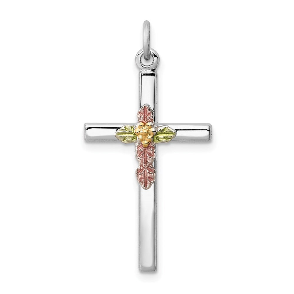 Sterling Silver Rhodium-plated Polished Epoxy & Gold-plated Cross Pendant