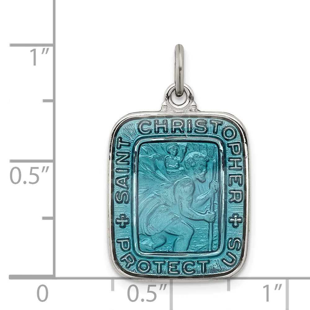 Sterling Silver Blue Enamel Square St. Christopher Medal Pendant