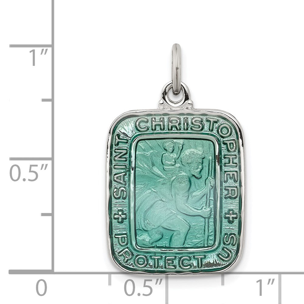 Sterling Silver Teal Enamel Square St. Christopher Medal Pendant