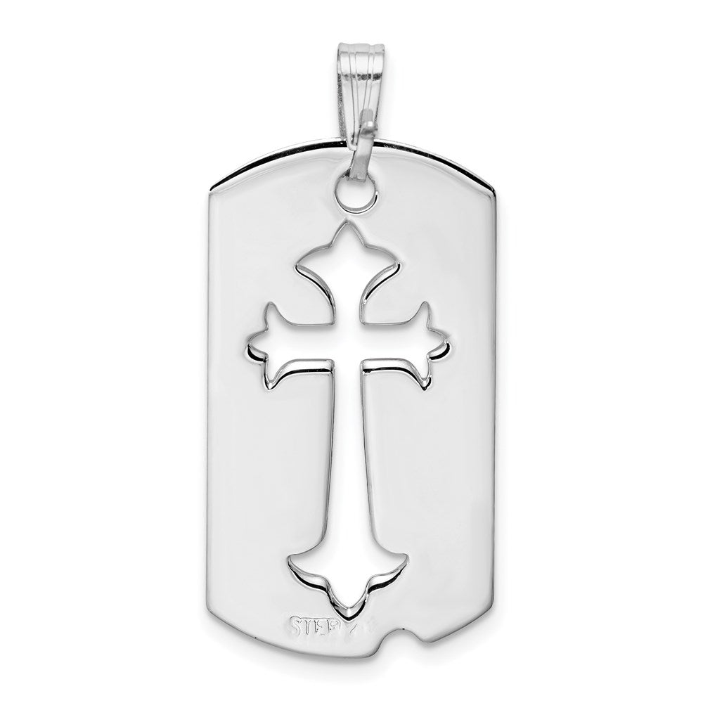 Sterling Silver Rhodium-plated Polished Dog Tag w/Cut out Cross Pendant