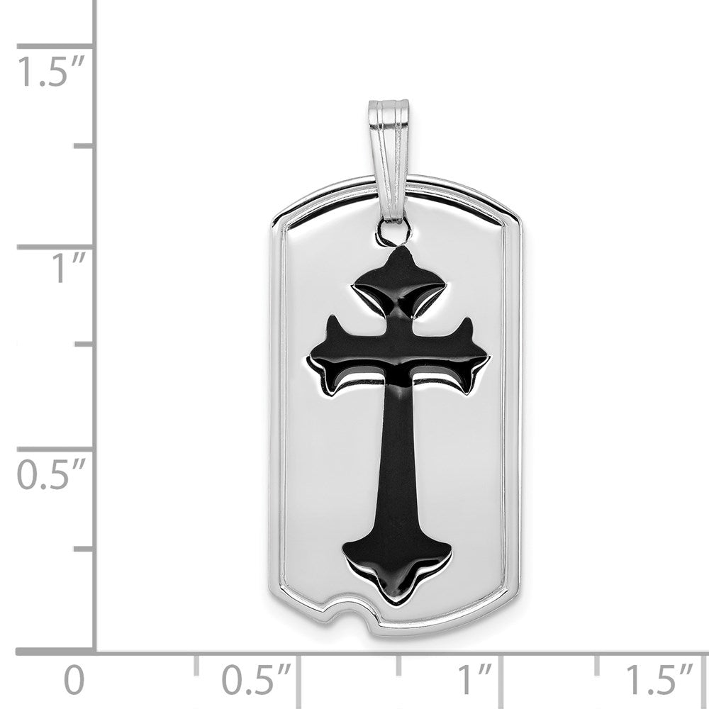 Sterling Silver Rhodium-plated Polished Black Epoxy Cross Dog Tag Pendant