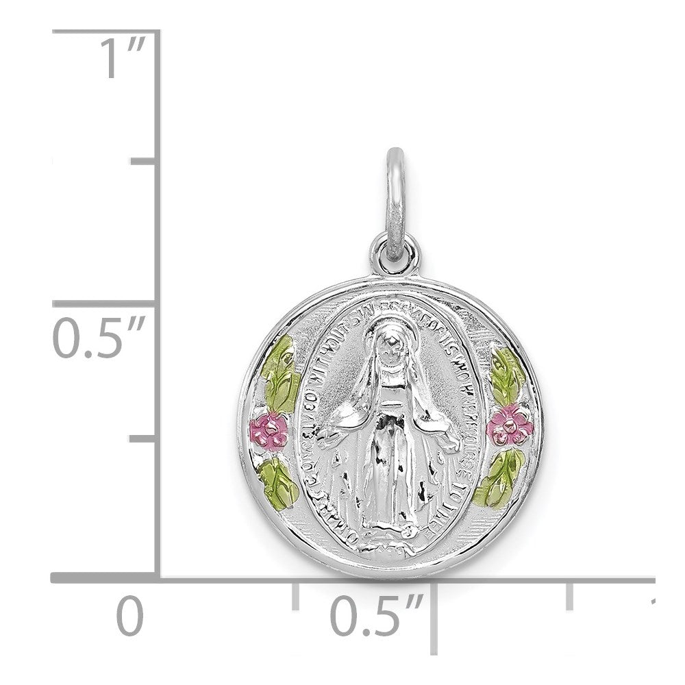 Sterling Silver Rhodium-plated Polished Epoxy Miraculous Medal Pendant