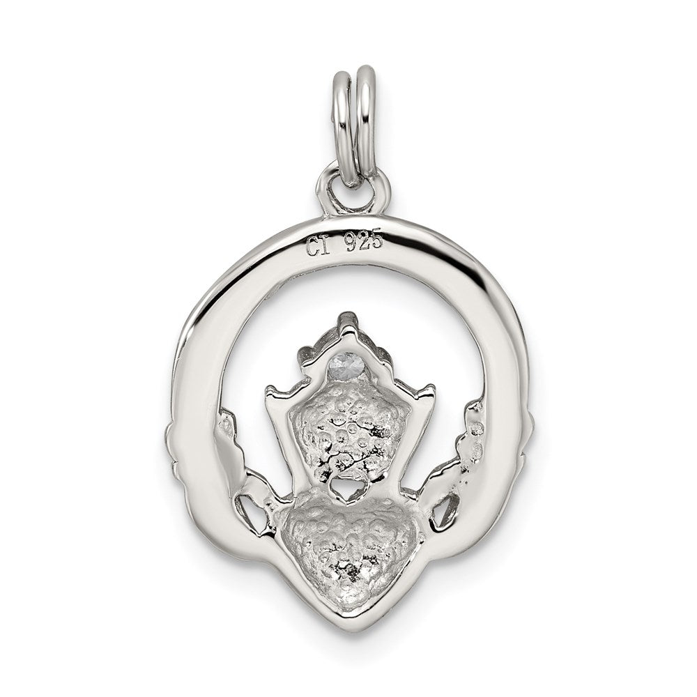 Sterling Silver Rhodium-plated CZ Irish Claddagh Pendant