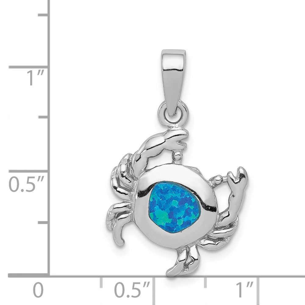 Sterling Silver Rhodium-plated Blue Inlay Created Opal Crab Pendant