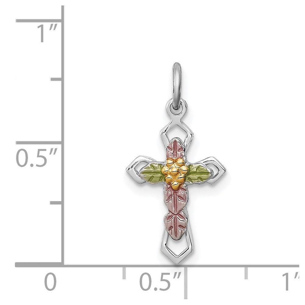 Sterling Silver Rhodium-plated Polished Epoxy & Gold-plated Cross Pendant