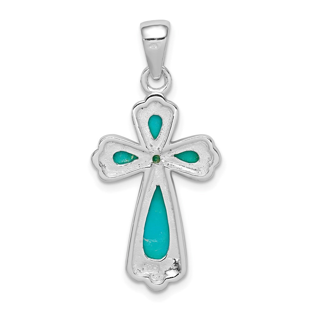 Sterling Silver Rhodium-plated Polished Imitation Turquoise Cross Pendant