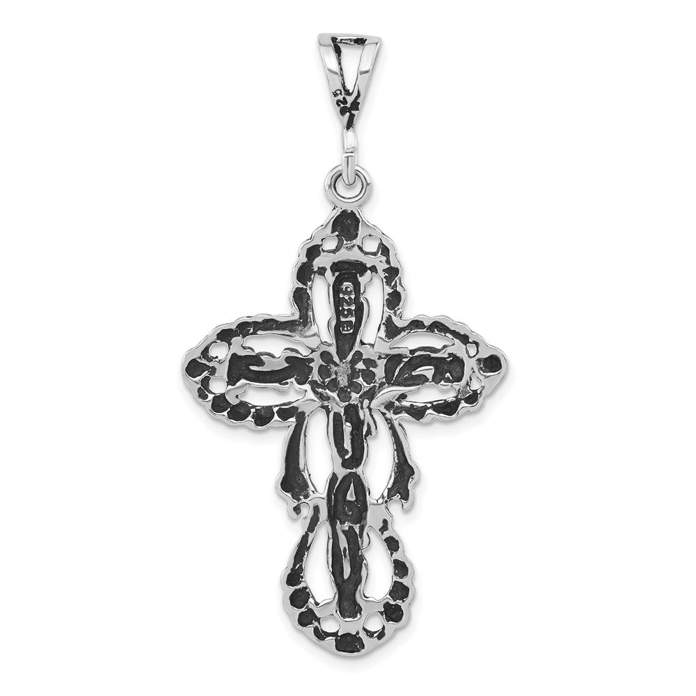 Sterling Silver Polished & Antiqued Floral Cut-out Cross Pendant