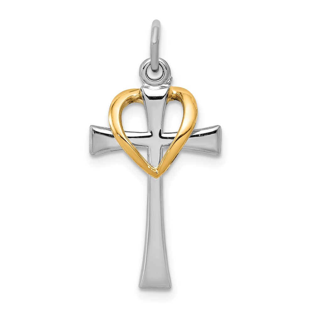 Sterling Silver Rhodium-plated & Gold-tone Polished Cross w/Heart Pendant