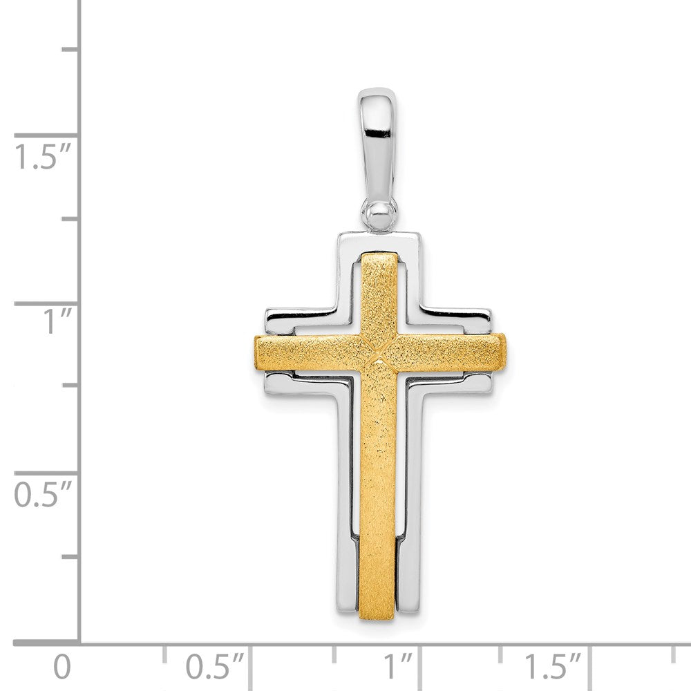 Sterling Silver Rhodium-plated & Gold-tone Brshd/Polished Cross Pendant
