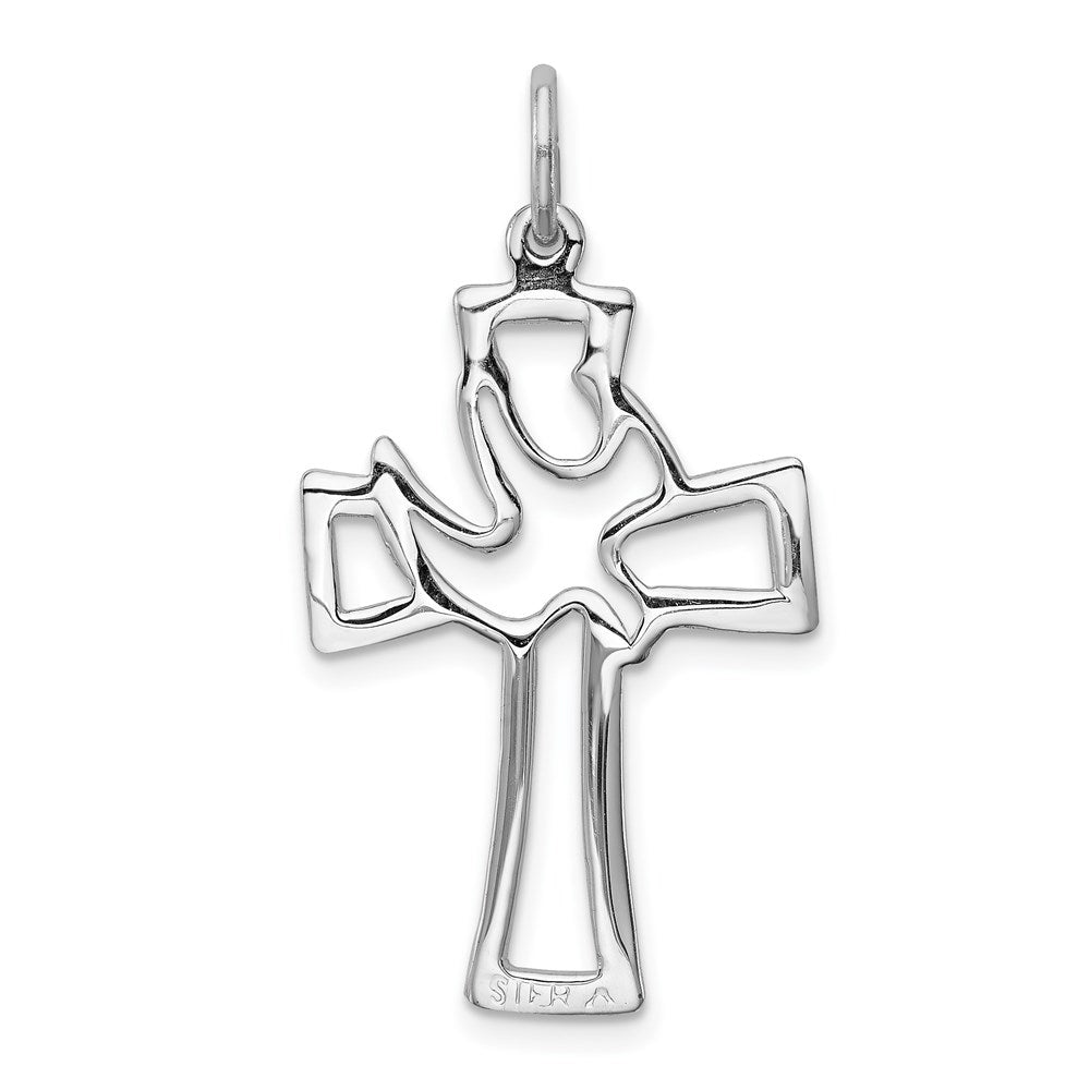 Sterling Silver Rhodium-plated Polished Cut-out Dove Cross Pendant