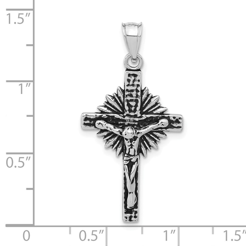 Sterling Silver Polished & Antiqued Cross w/Rays Crucifix Pendant