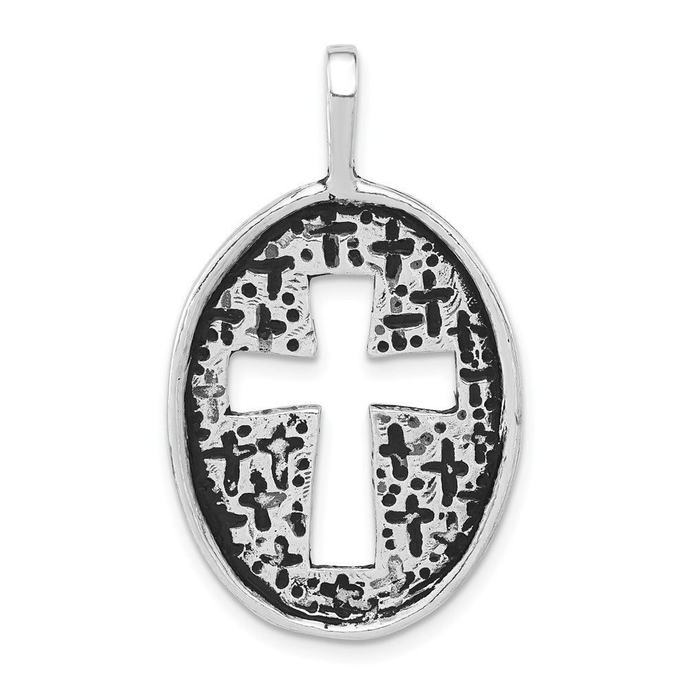 Sterling Silver Polished & Antiqued Oval Cut-out Cross Pendant