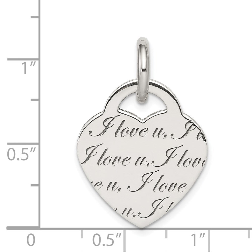 Sterling Silver Antiqued Polished 'I Love u' Engraved Heart Pendant