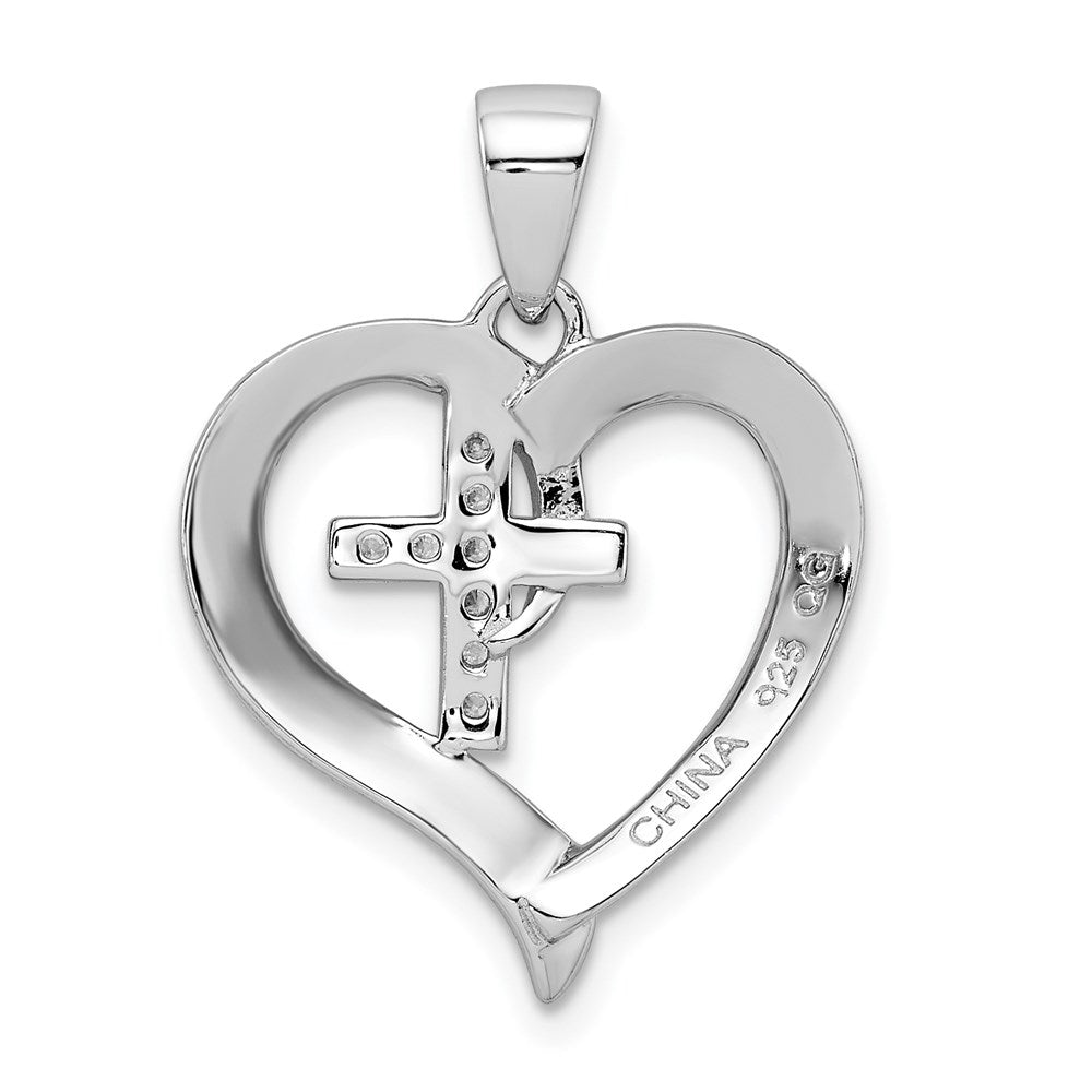 Sterling Silver Rhodium-plated Polished Heart with CZ Cross Pendant