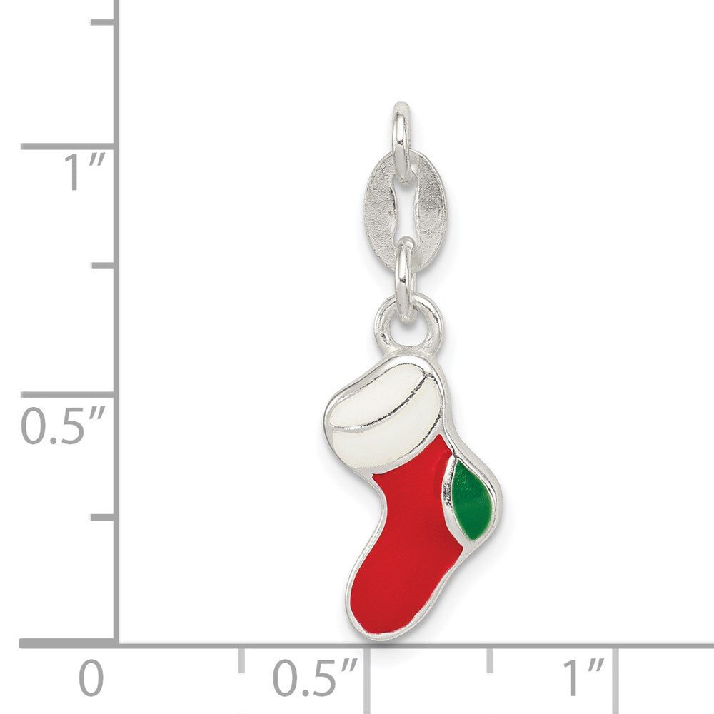 Sterling Silver Polished Enamel Christmas Stocking Charm