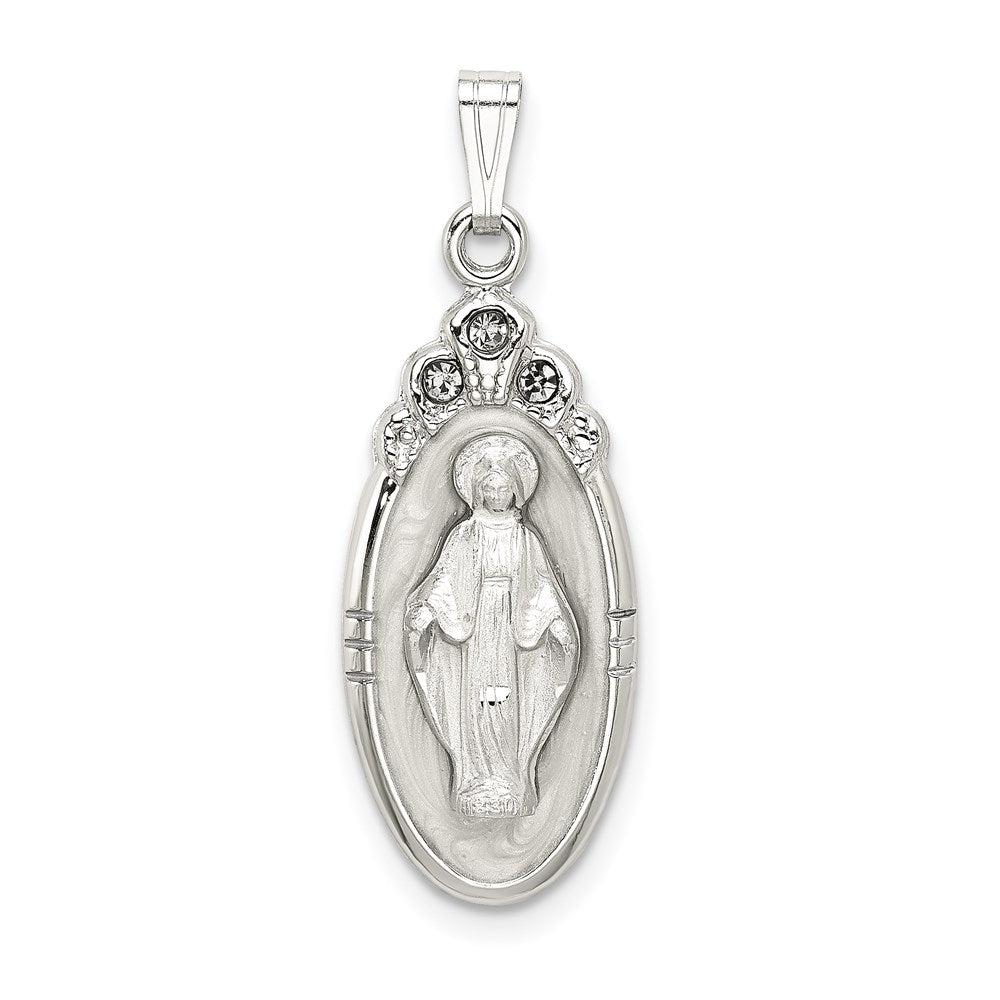 Sterling Silver White Epoxy & Crystal Miraculous Medal Pendant