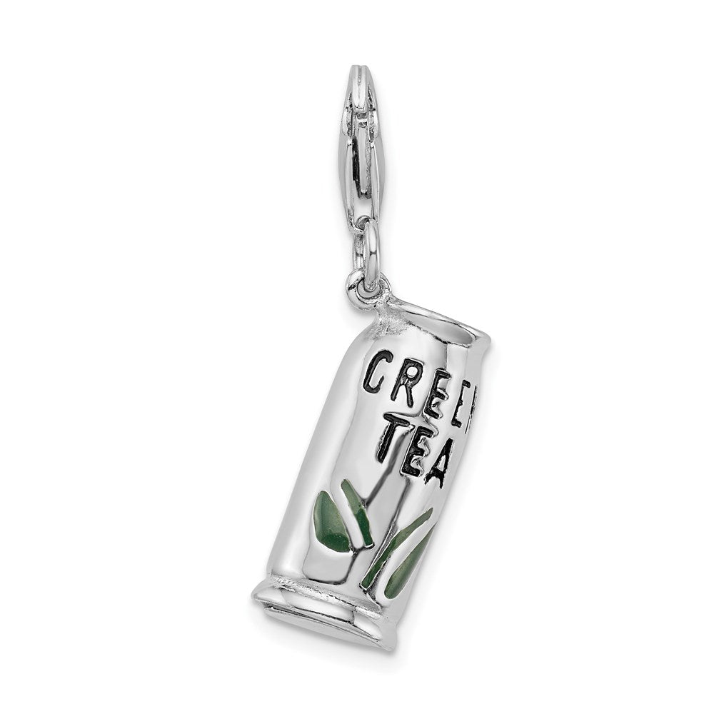 Amore La Vita Sterling Silver Rhodium-plated Polished 3-D Enameled Green Tea Beverage Charm with Fancy Lobster Clasp