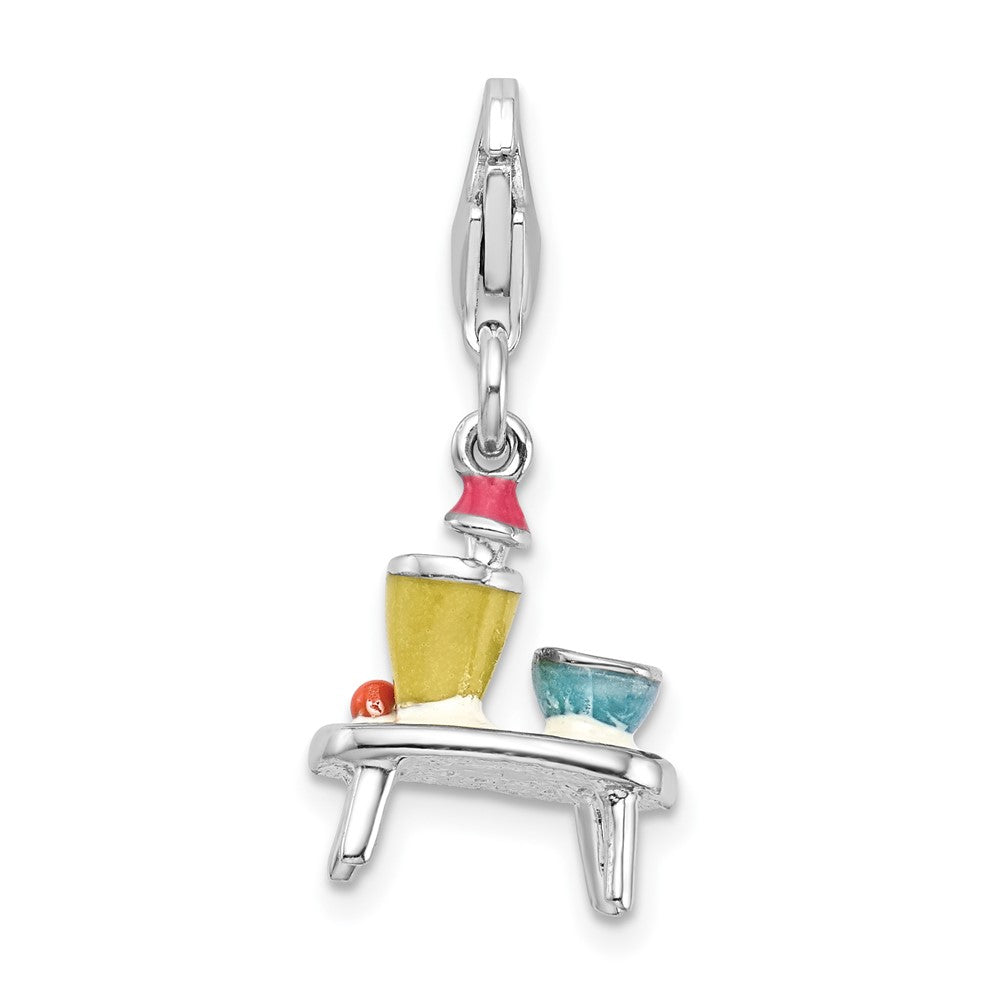 Amore La Vita Sterling Silver Rhodium-plated Polished 3-D Enameled Table and Bowls Charm with Fancy Lobster Clasp
