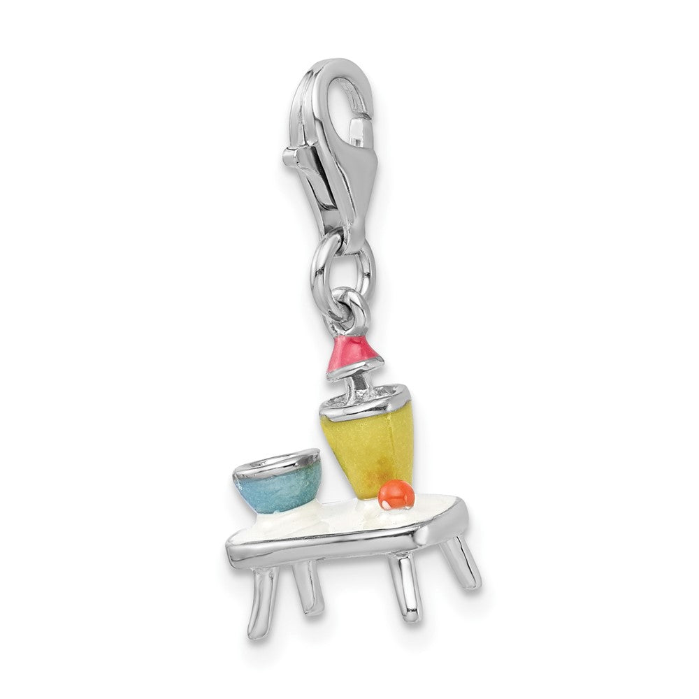 Amore La Vita Sterling Silver Rhodium-plated Polished 3-D Enameled Table and Bowls Charm with Fancy Lobster Clasp