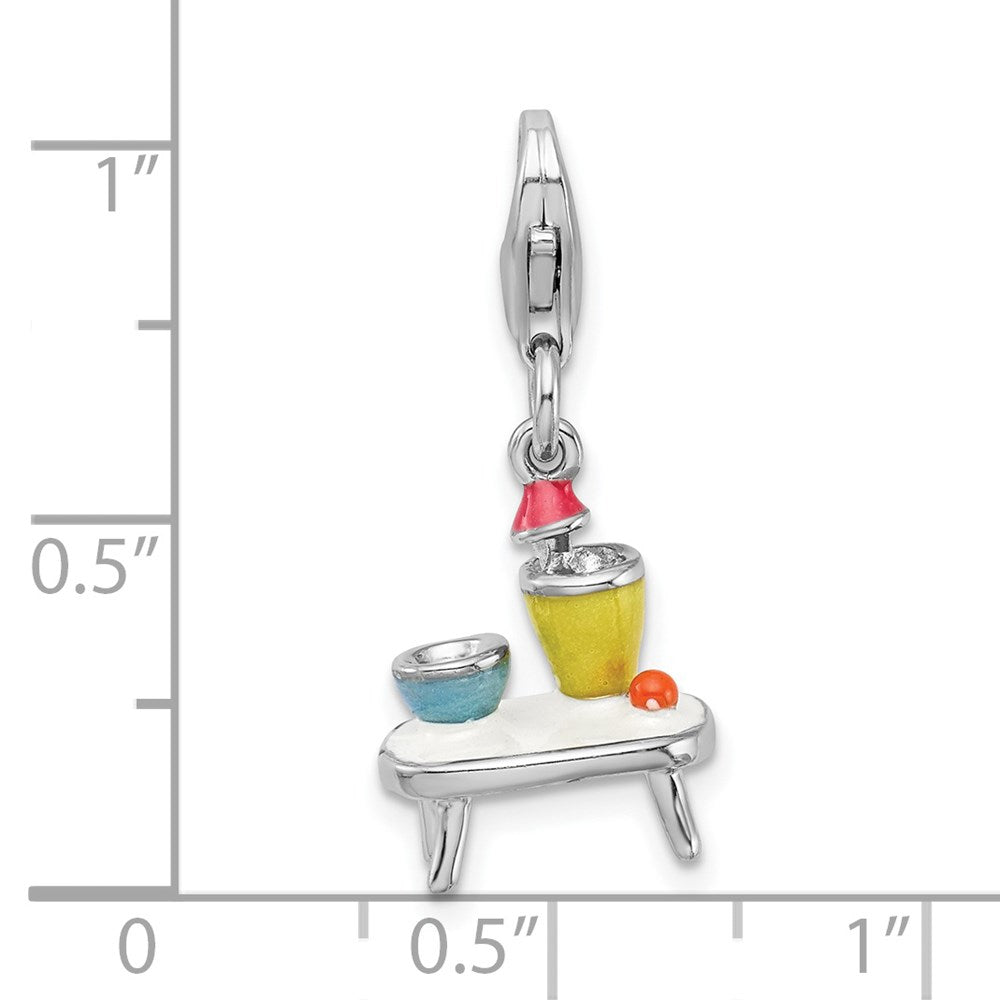 Amore La Vita Sterling Silver Rhodium-plated Polished 3-D Enameled Table and Bowls Charm with Fancy Lobster Clasp