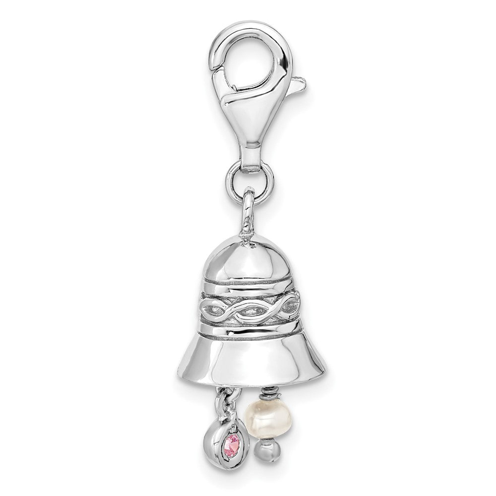 Amore La Vita Sterling Silver Rhodium-plated Polished 3-D CZ and Freshwater Cultured Pearl Wedding Bell Charm with Fancy L...