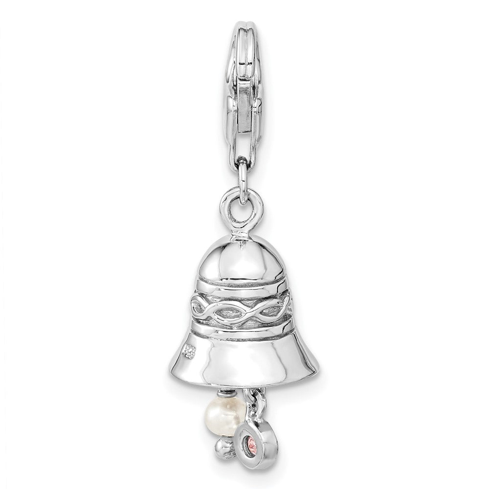 Amore La Vita Sterling Silver Rhodium-plated Polished 3-D CZ and Freshwater Cultured Pearl Wedding Bell Charm with Fancy L...