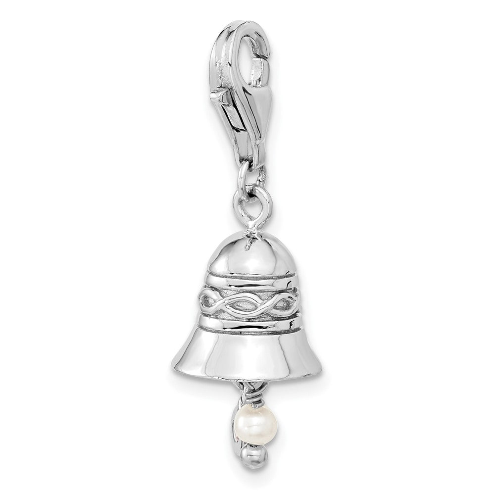 Amore La Vita Sterling Silver Rhodium-plated Polished 3-D CZ and Freshwater Cultured Pearl Wedding Bell Charm with Fancy L...