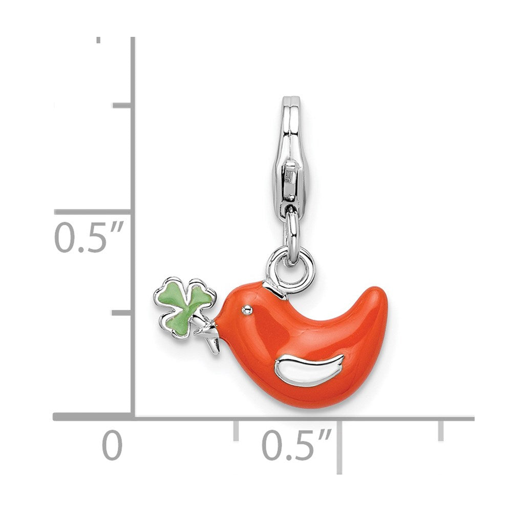 Amore La Vita Sterling Silver Rhodium-plated Polished Enameled Bird and Clover Charm with Fancy Lobster Clasp