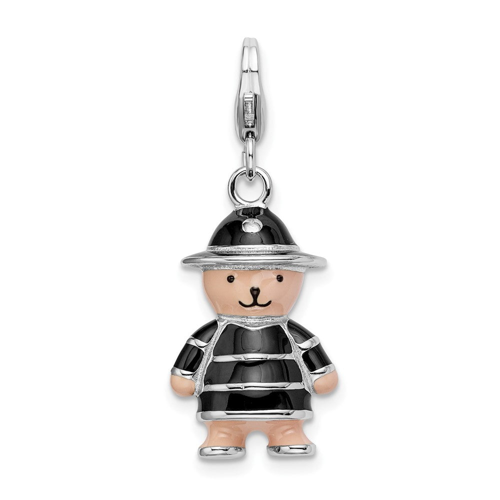 Amore La Vita Sterling Silver Rhodium-plated Polished 3-D Enameled Teddy Bear in Black Hat and Coat Charm with Fancy Lobst...