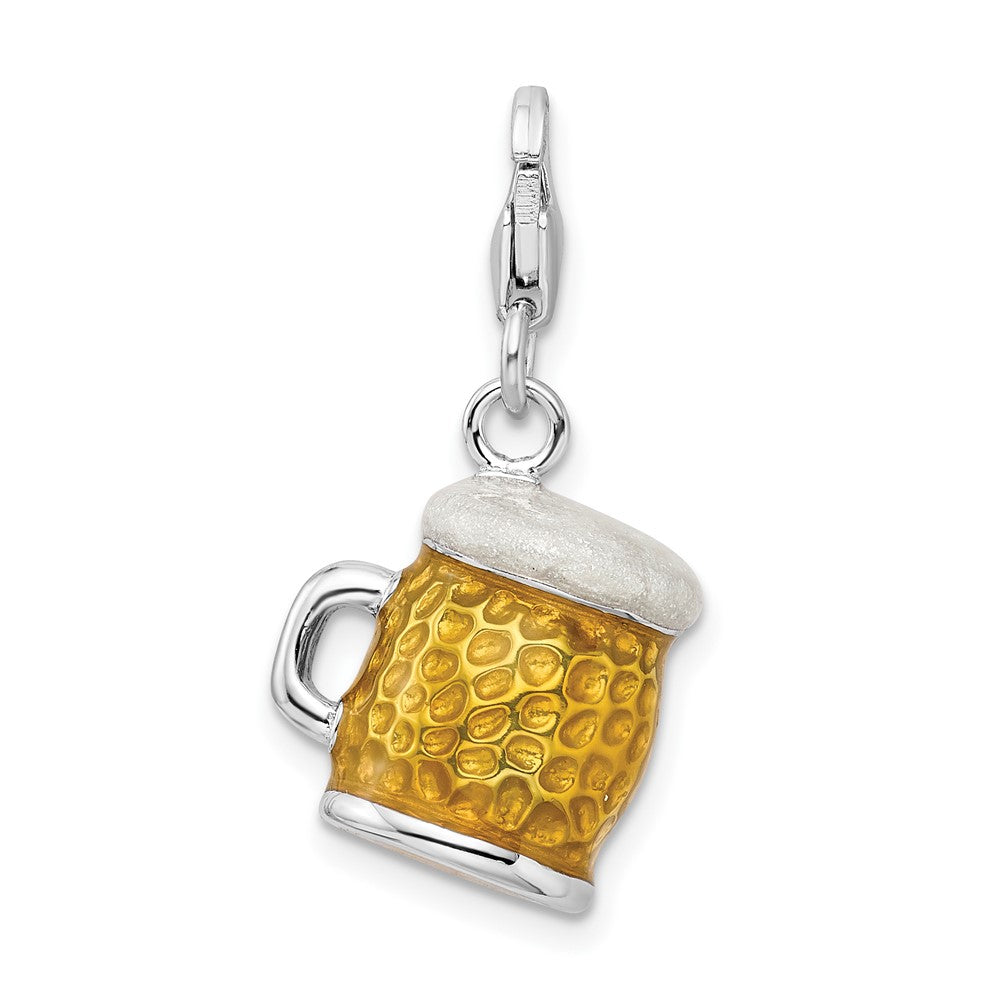 Amore La Vita Sterling Silver Rhodium-plated Polished 3-D Enameled BEER Mug Charm with Fancy Lobster Clasp