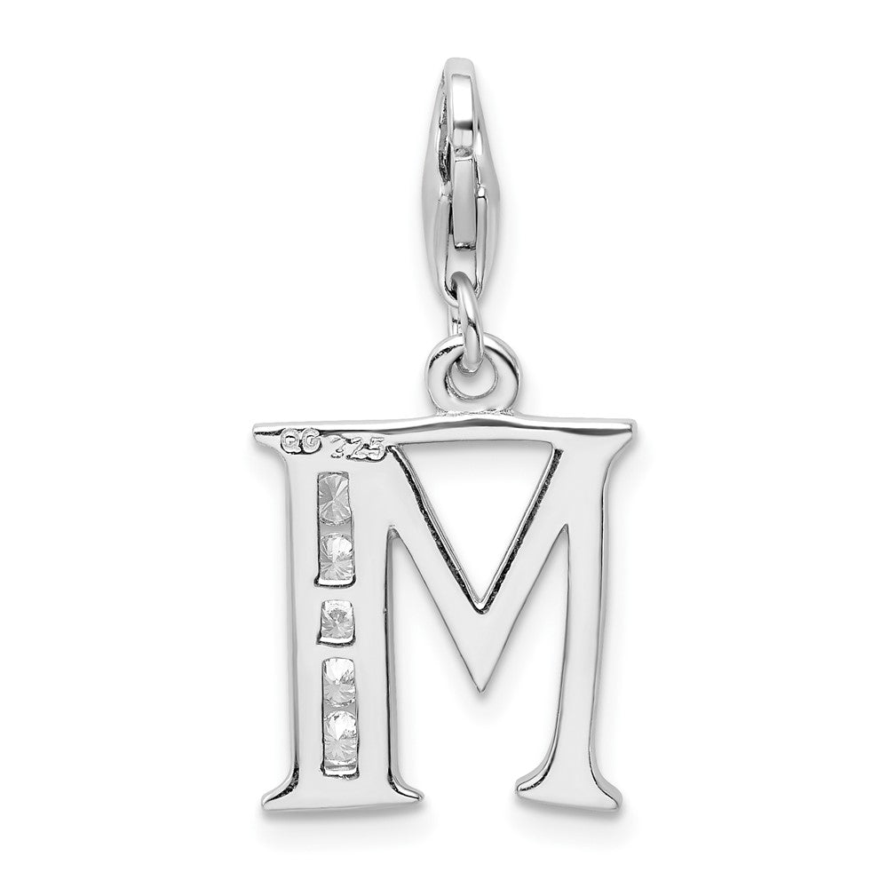 Amore La Vita Sterling Silver Rhodium-plated Polished CZ Letter M Initial Charm with Fancy Lobster Clasp