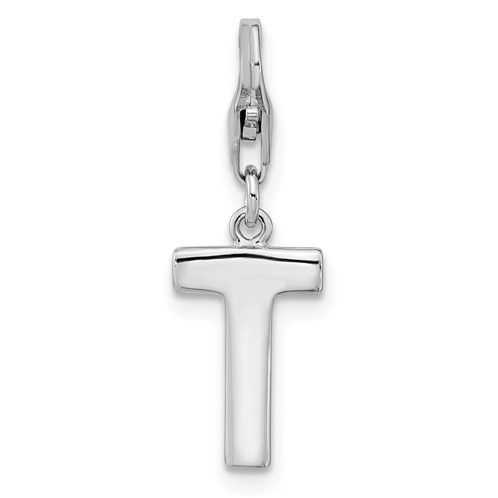Amore La Vita Sterling Silver Rhodium-plated Polished CZ Letter T Initial Charm with Fancy Lobster Clasp