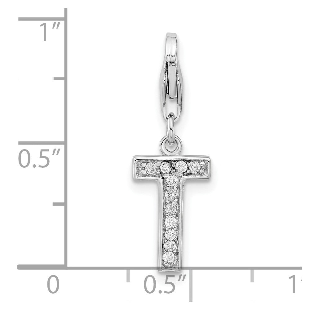 Amore La Vita Sterling Silver Rhodium-plated Polished CZ Letter T Initial Charm with Fancy Lobster Clasp