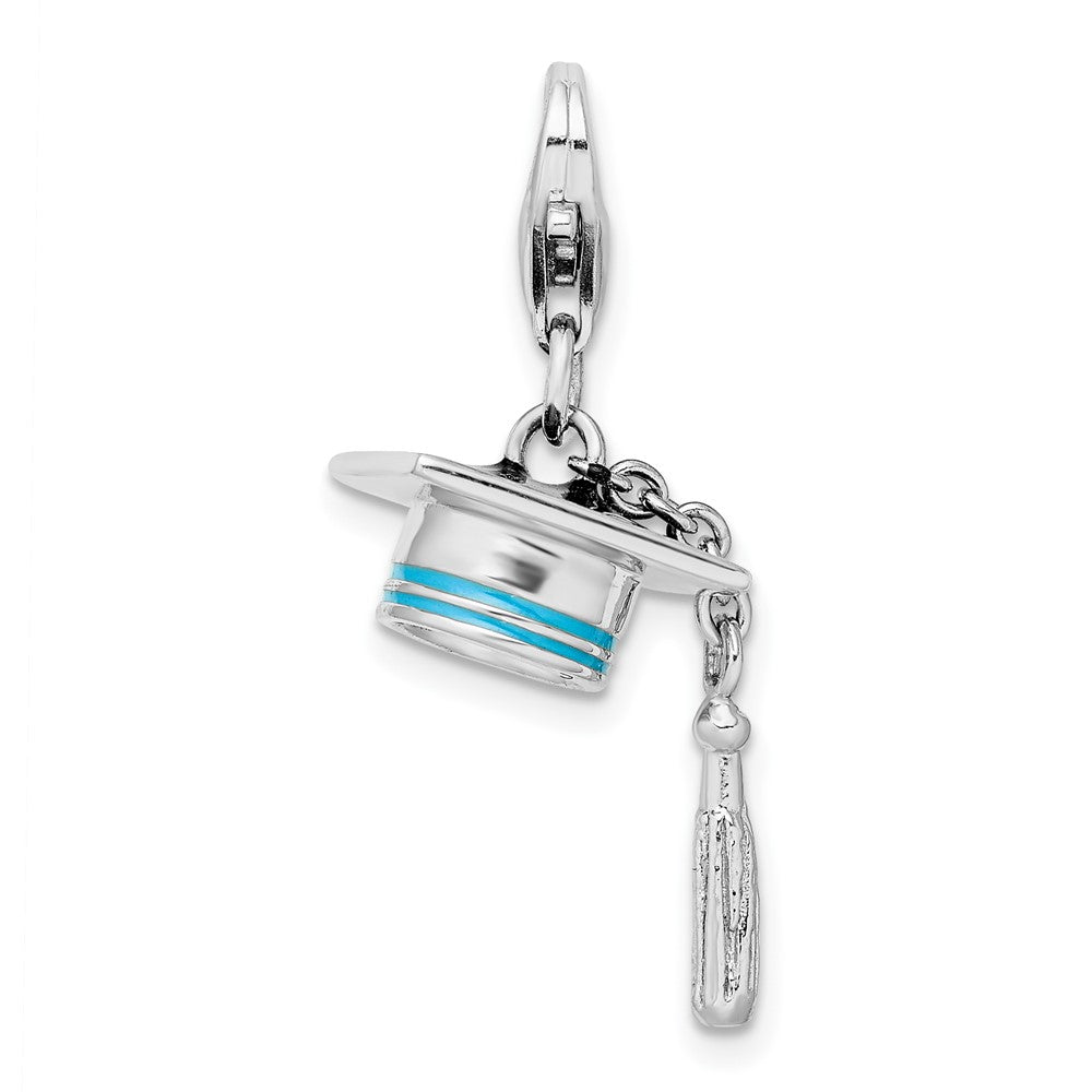 Amore La Vita Sterling Silver Rhodium-plated Polished 3-D Moveable Blue Enameled Graduation Cap Charm with Fancy Lobster C...