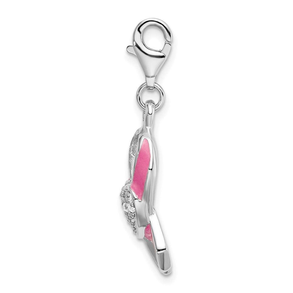 Amore La Vita Sterling Silver Rhodium-plated Polished 3-D Enameled With CZ Pink Awareness Ribbon and Heart Charm with Fanc...