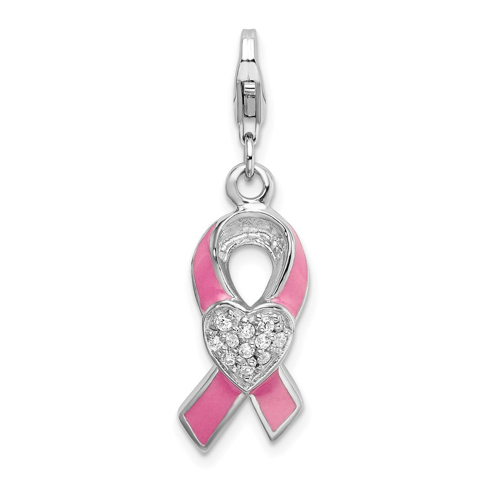 Amore La Vita Sterling Silver Rhodium-plated Polished 3-D Enameled With CZ Pink Awareness Ribbon and Heart Charm with Fanc...